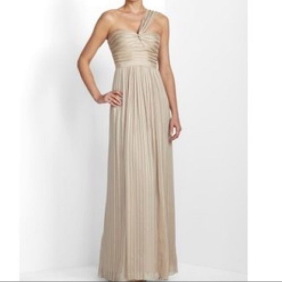 BCBGMaxAzria Dresses & Skirts - BCBG Max Azria vapor/champagne pleated bodice one shoulder silk gown - Size 4